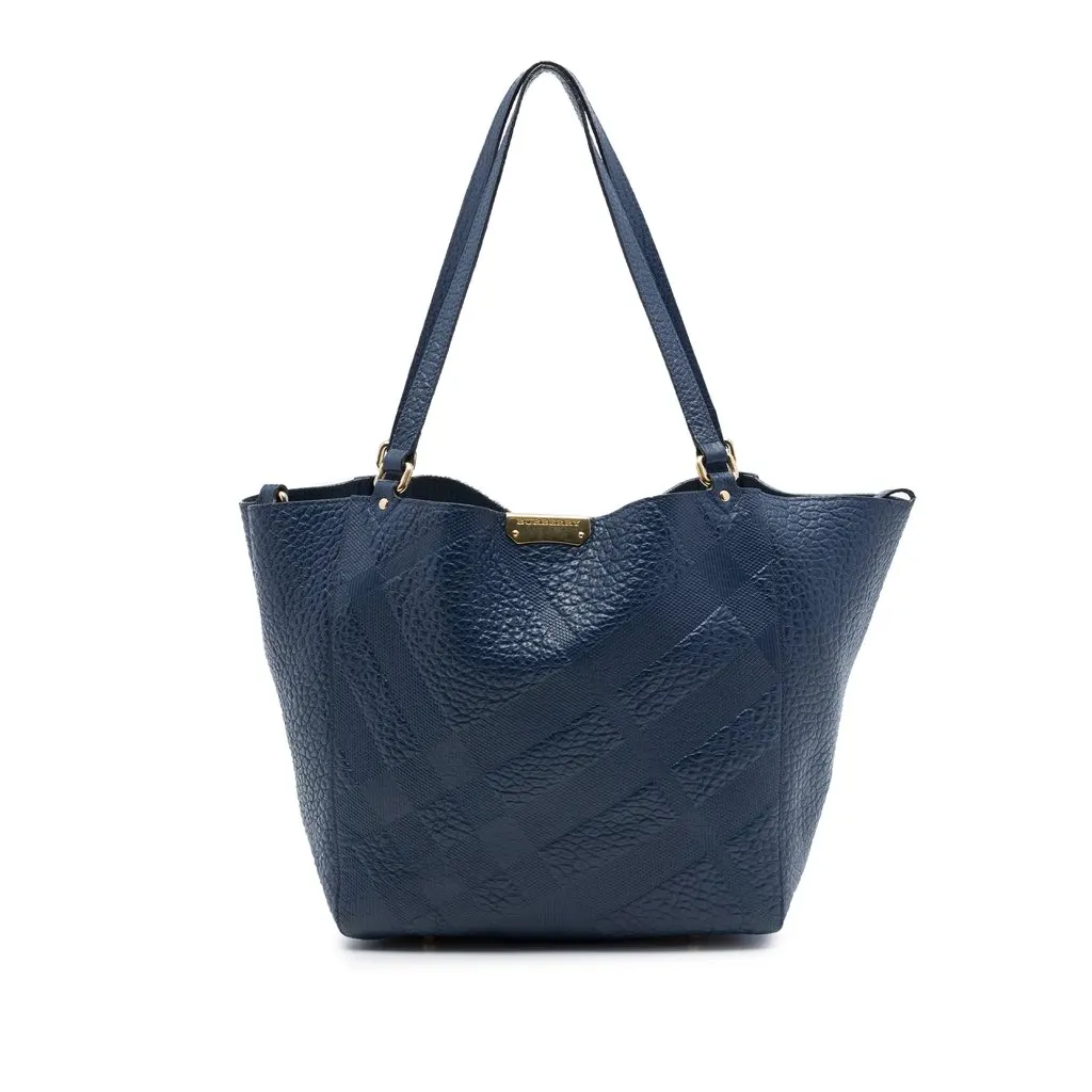 Burberry Small Elephant Embossed Calfskin Check Canterbury Tote Blue Leather Very good - Front View