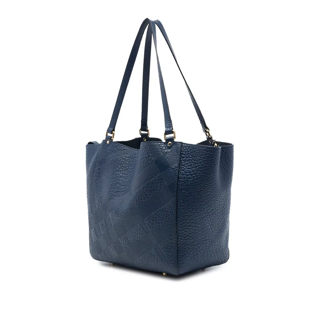 Burberry Small Elephant Embossed Calfskin Check Canterbury Tote Blue Leather Very good - Back View
