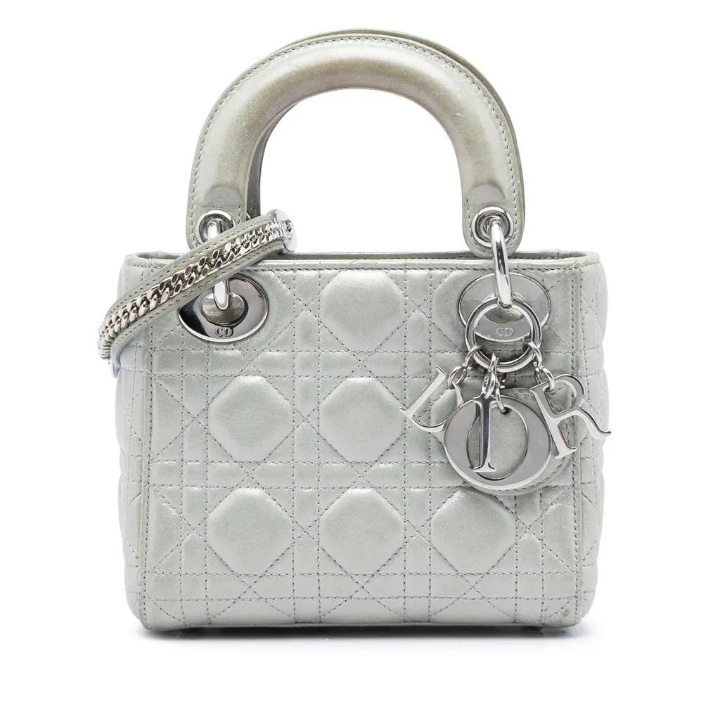 Dior Mini Iridescent Lambskin Cannage Lady Dior Grey Leather Very good - Front View