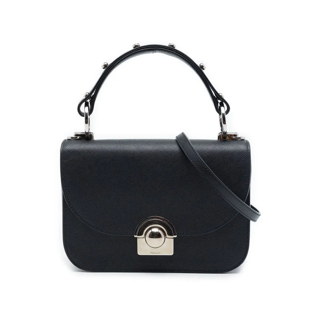 Prada Saffiano Lux Arcade Satchel Black Leather Good - Front View