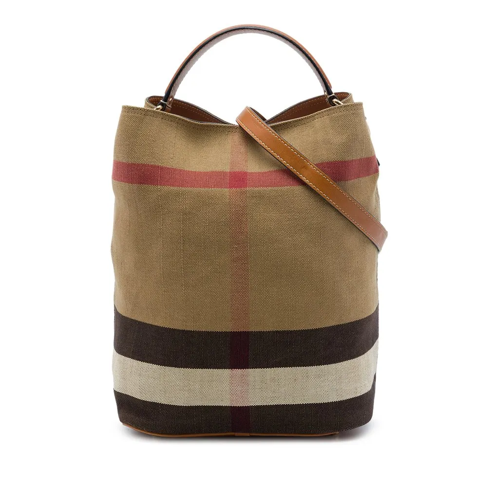 Burberry Medium Mega Check Canvas Ashby Bucket Bag Brown Canvas Very good - Front View