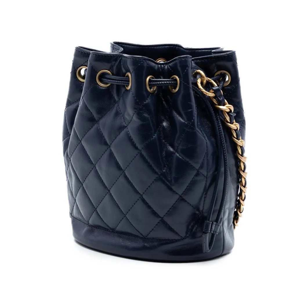 Chanel CC Quilted Lambskin Drawstring Bucket Bag Blue Leather Very good - Back View