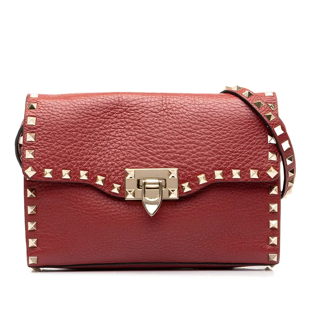 Valentino Medium Pebbled Calfskin Rockstud Flip Lock Crossbody Red Leather Good - Front View