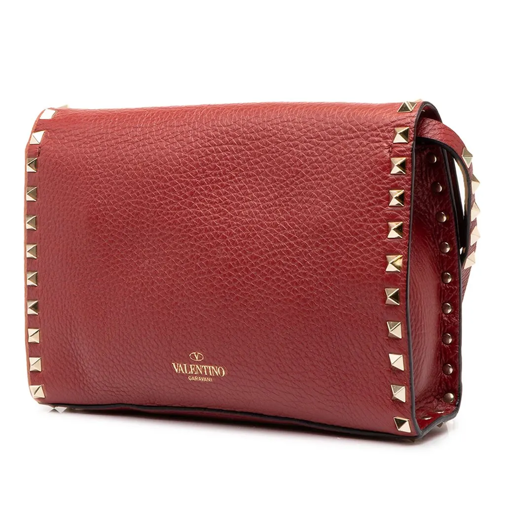Valentino Medium Pebbled Calfskin Rockstud Flip Lock Crossbody Red Leather Good - Back View