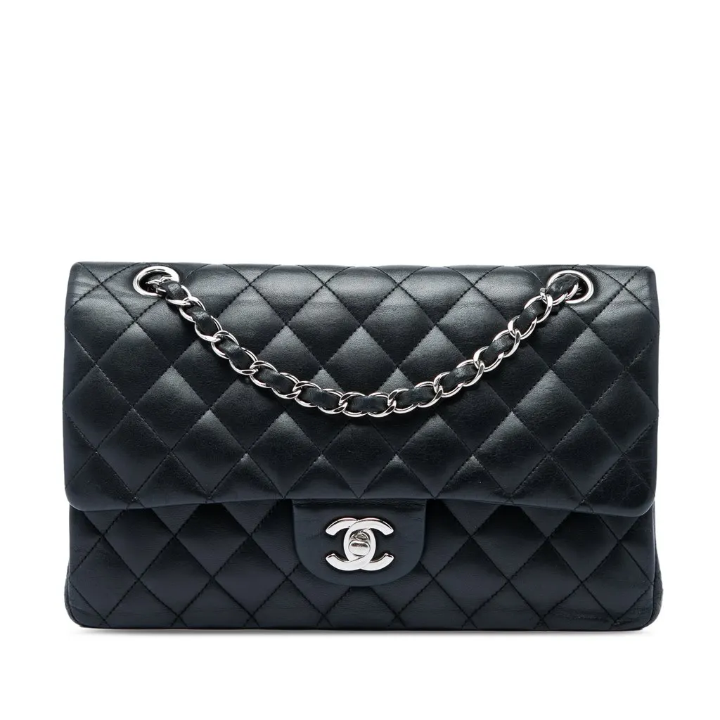 Chanel Medium Classic Lambskin Double Flap Black Leather Very good - Front View