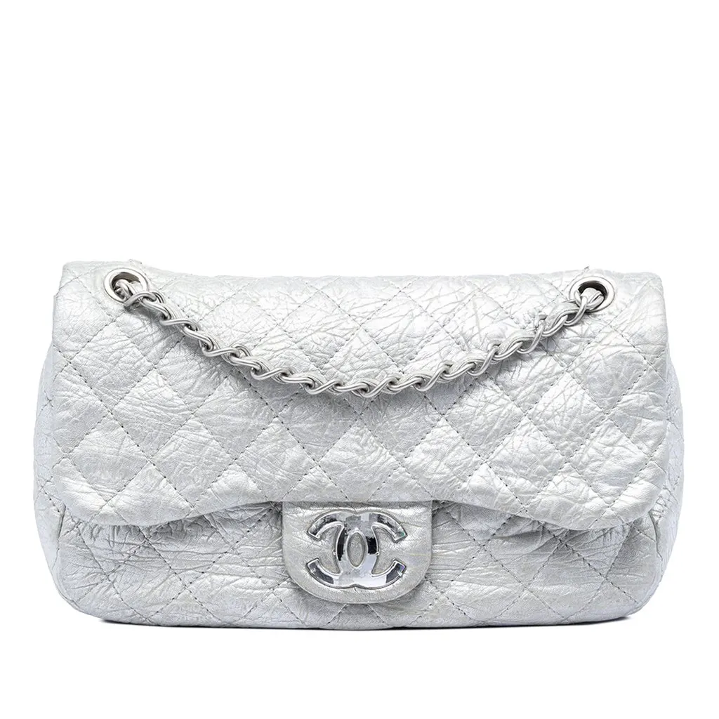Chanel Medium Calfskin Ice Cube On the Rocks Flap Silver Leather Very good - Front View