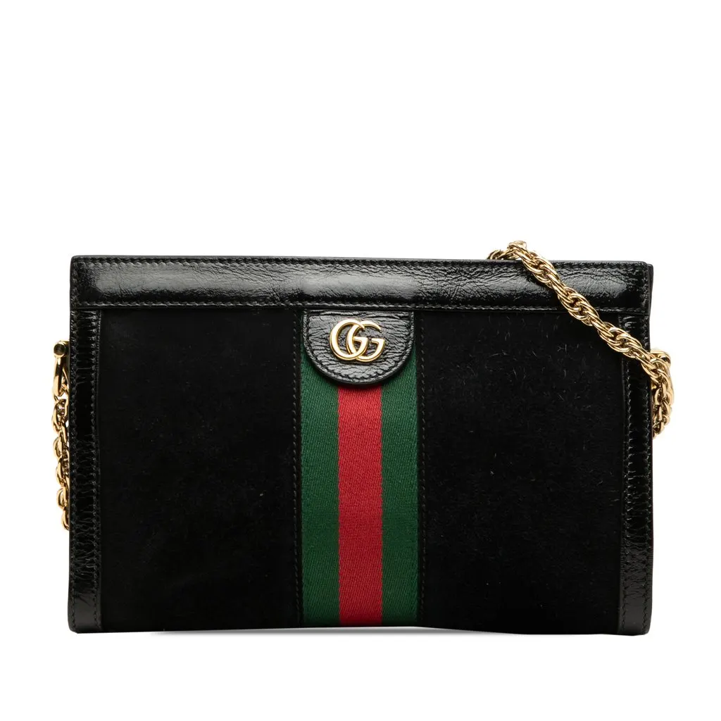 Gucci Small Suede Web Ophidia Chain Crossbody Black Leather Good - Front View