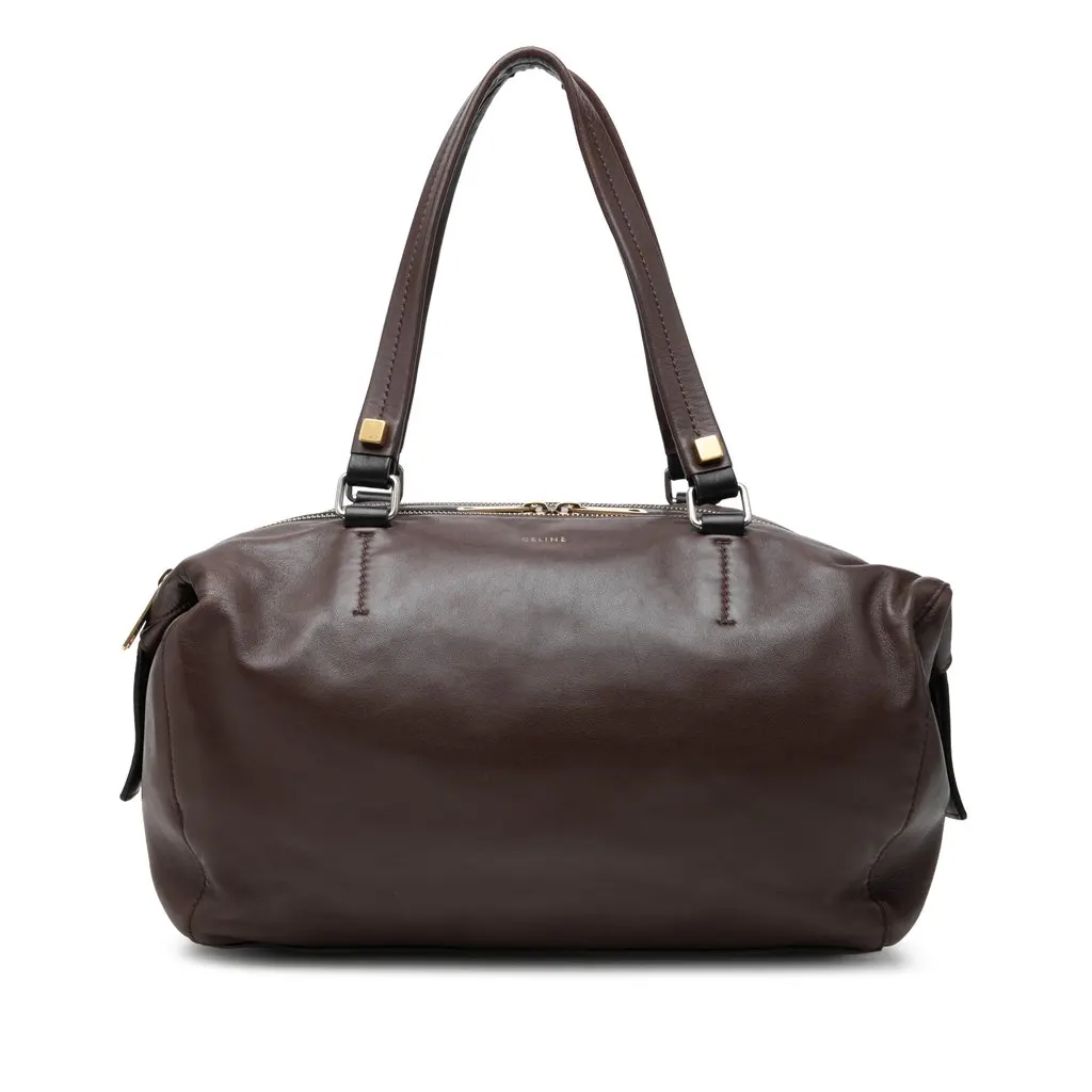 Celine Lambskin Triple Zip Shoulder Bag Brown Leather Very good - Front View