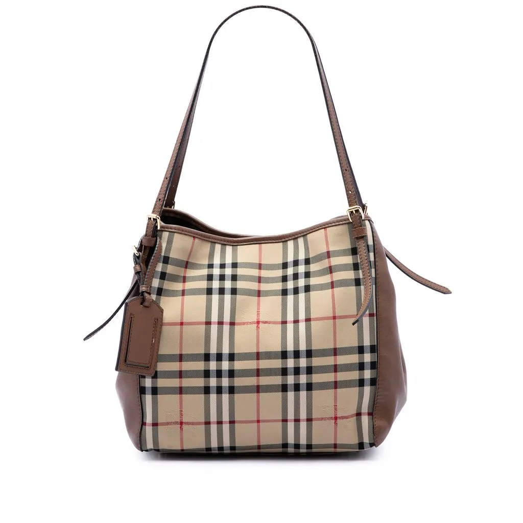 Burberry Small Haymarket Check Coated Canvas and Calfskin Canterbury Tote Beige Very good - Front View