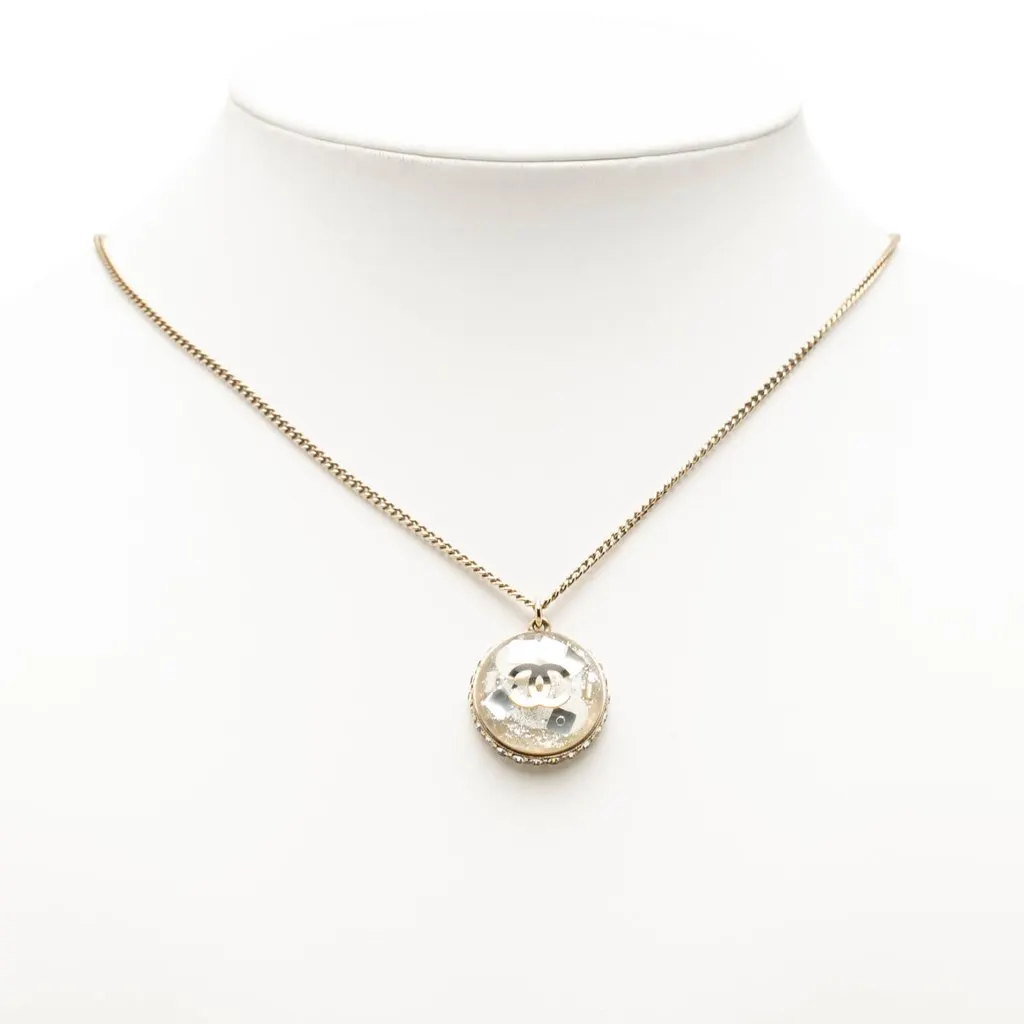 Chanel CC Gold Plated Resin and Strass Clear Dome Hologram Glitter Pendant Necklace Gold Metal Very good - Box View