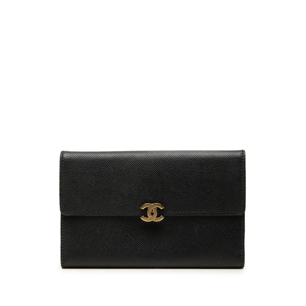Chanel CC Calfskin Flap Long Wallet Black Leather Very good - Front View