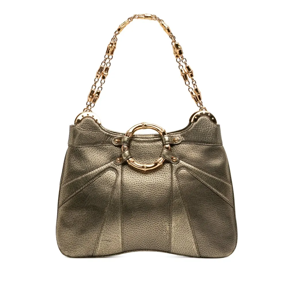 Gucci Metallic Calfskin Bamboo Ring Chain Shoulder Bag Gold Leather Very good - Front View