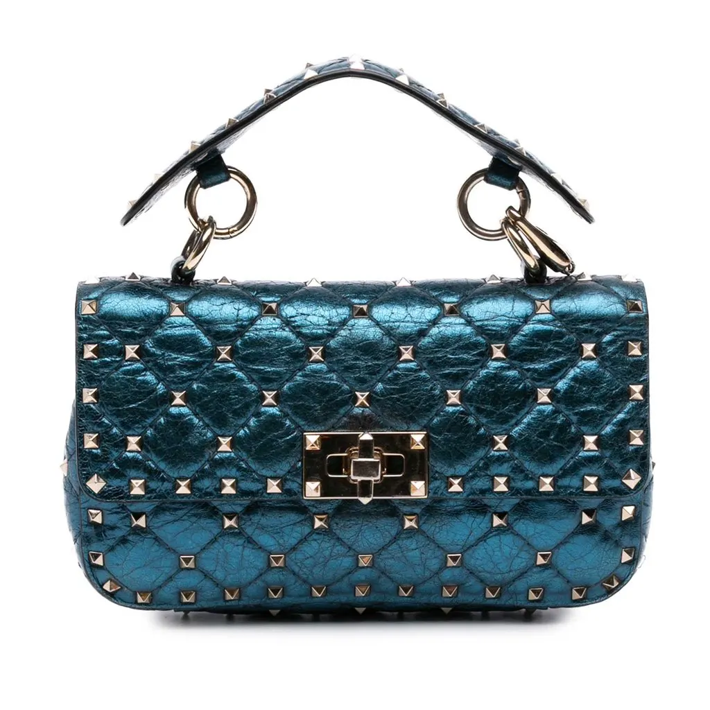 Valentino Small Metallic Lambskin Rockstud Spike Satchel Blue Leather Very good - Front View