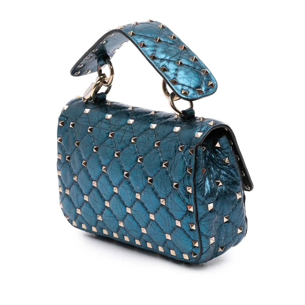 Valentino Small Metallic Lambskin Rockstud Spike Satchel Blue Leather Very good - Back View