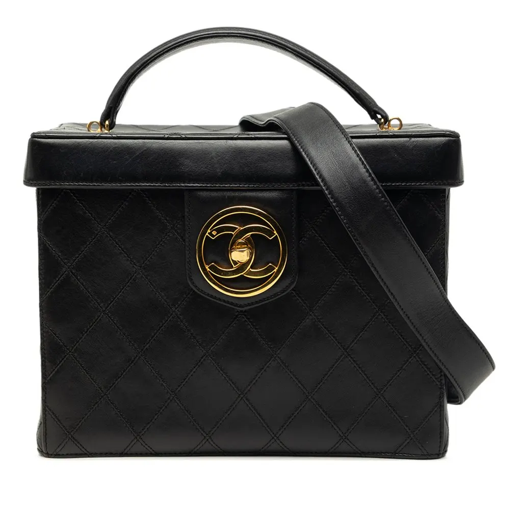 Chanel CC Quilted Lambskin Top Handle Vanity Case Black Leather Very good - Front View