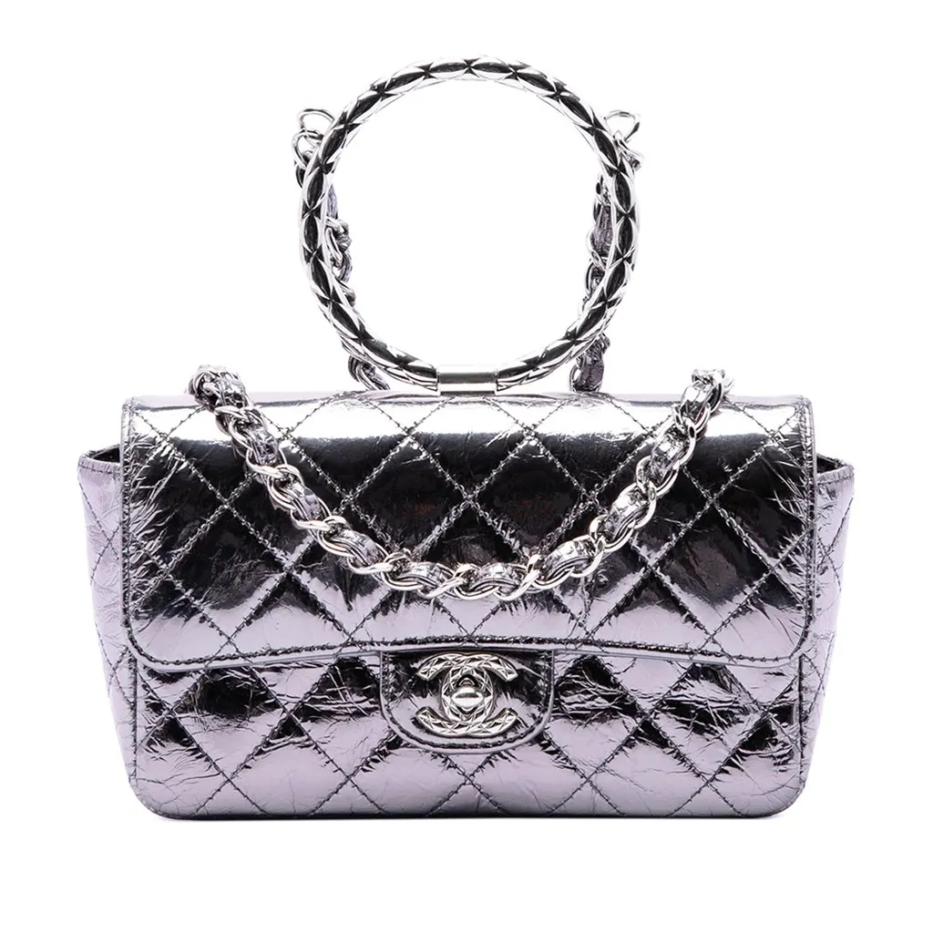 Chanel Mini Quilted Metallic Calfskin Ring Top Handle Flap Silver Leather Very good - Front View