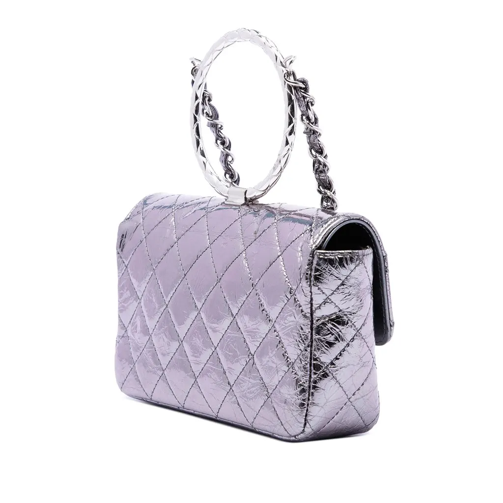 Chanel Mini Quilted Metallic Calfskin Ring Top Handle Flap Silver Leather Very good - Back View