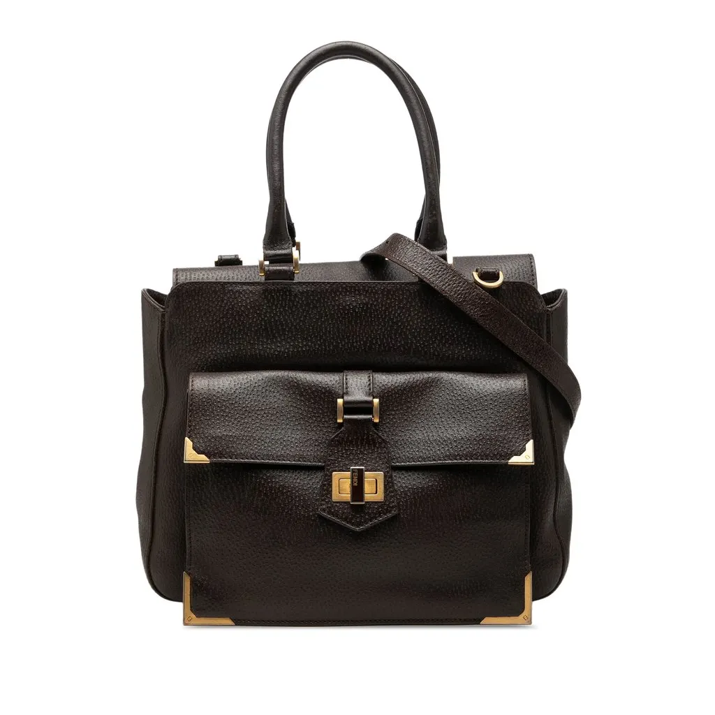 Fendi Textured Leather Classico No 3 Satchel Brown Leather Very good - Front View