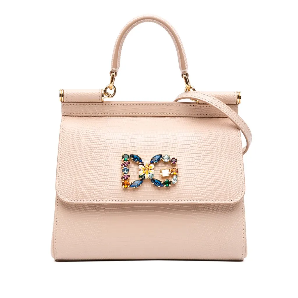 Dolce & Gabbana Small Iguana Embossed Calfskin Miss Sicily Satchel Brown Leather Good - Front View