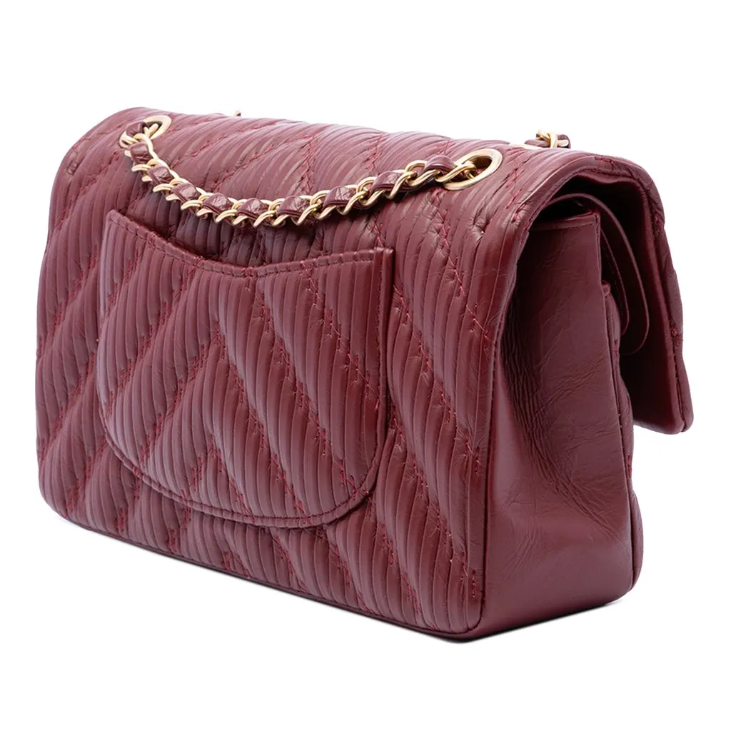 Chanel Medium Classic Chevron Calfskin Pleated Double Flap Red Leather Very good - Back View