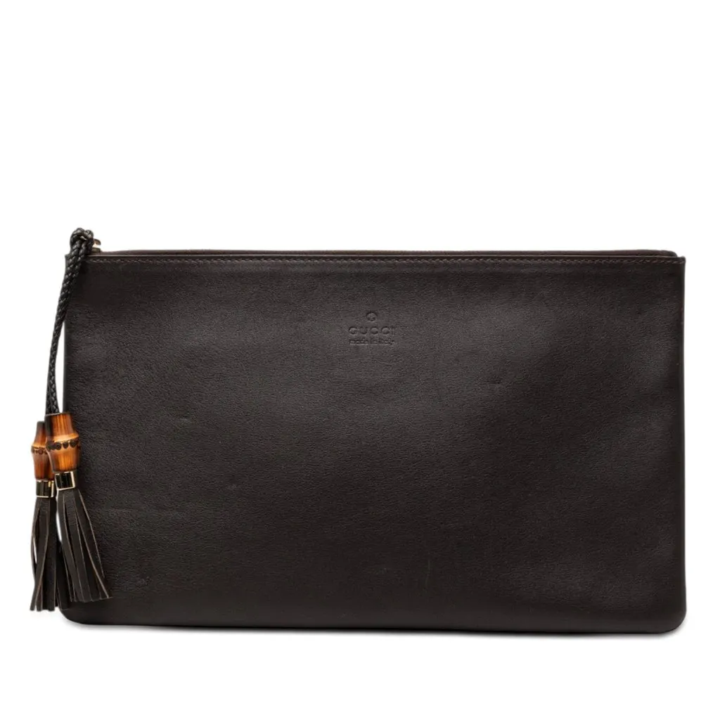 Gucci Calfskin Bamboo Tassel Clutch Brown Leather Very good - Front View