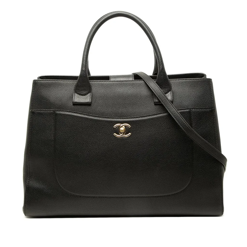 Chanel Medium Grained Calfskin Neo Executive Shopper Tote Black Leather Good - Front View