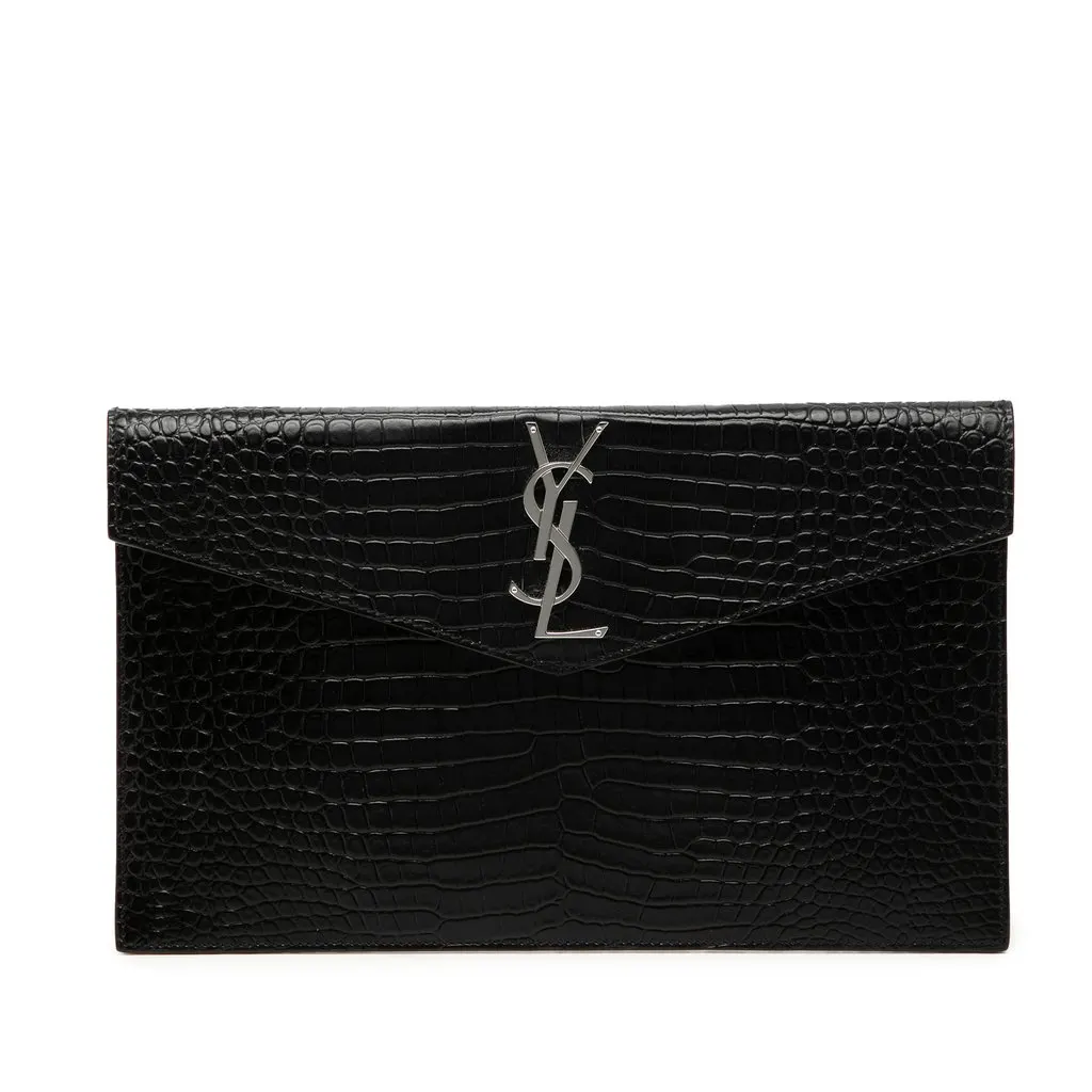 Saint Laurent Croc Embossed Leather Uptown Pouch Black Leather Very good - Front View