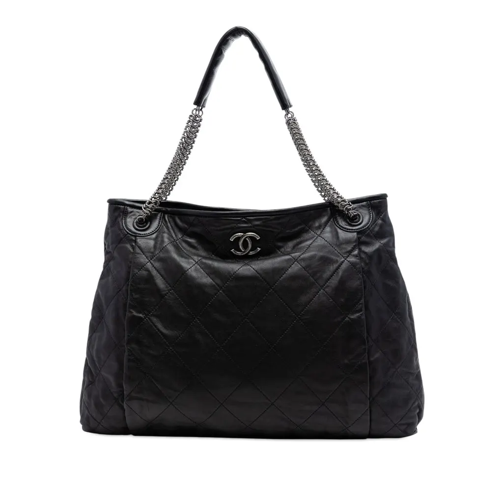 Chanel CC Quilted Lambskin Chain Shopping Tote Black Leather Very good - Front View