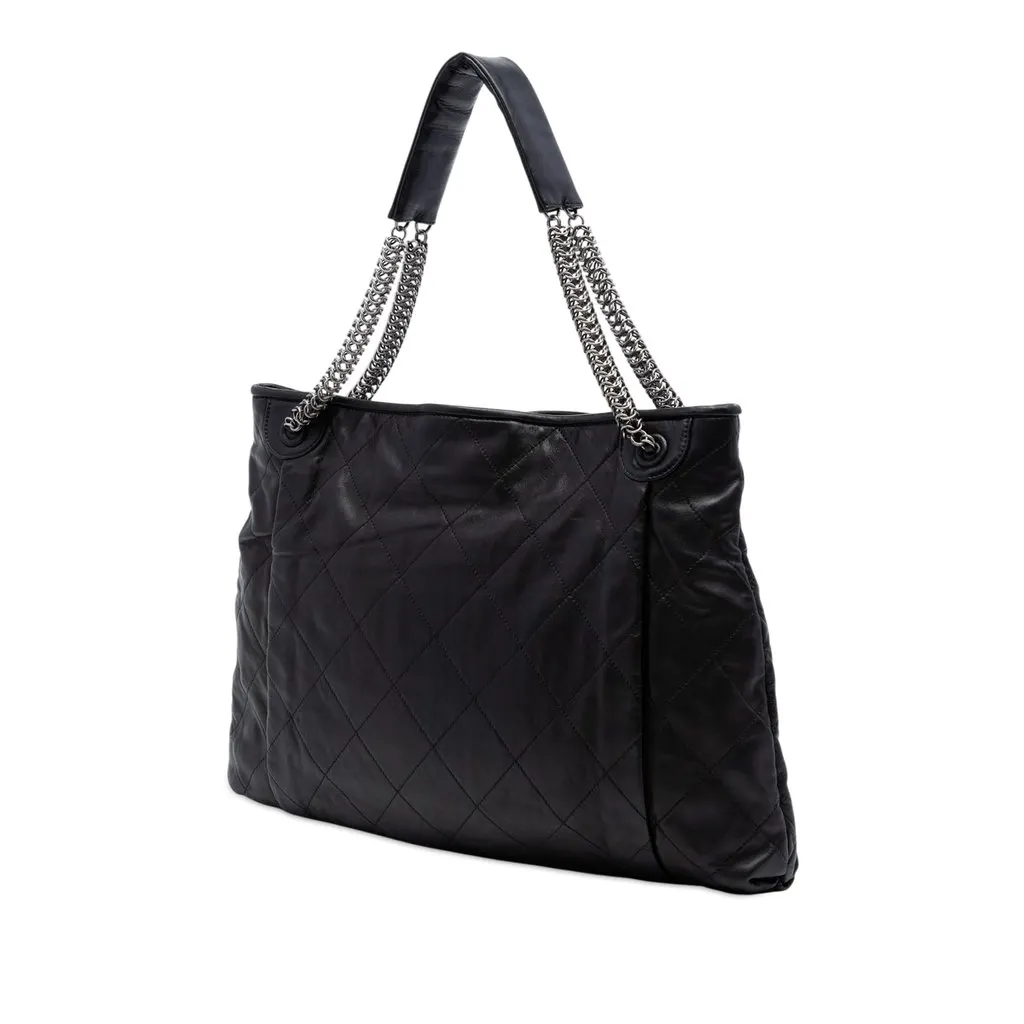 Chanel CC Quilted Lambskin Chain Shopping Tote Black Leather Very good - Back View