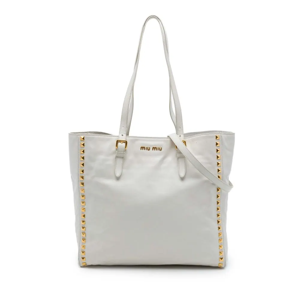 Miu Miu Studded Soft Calf Tote White Leather Good - Front View