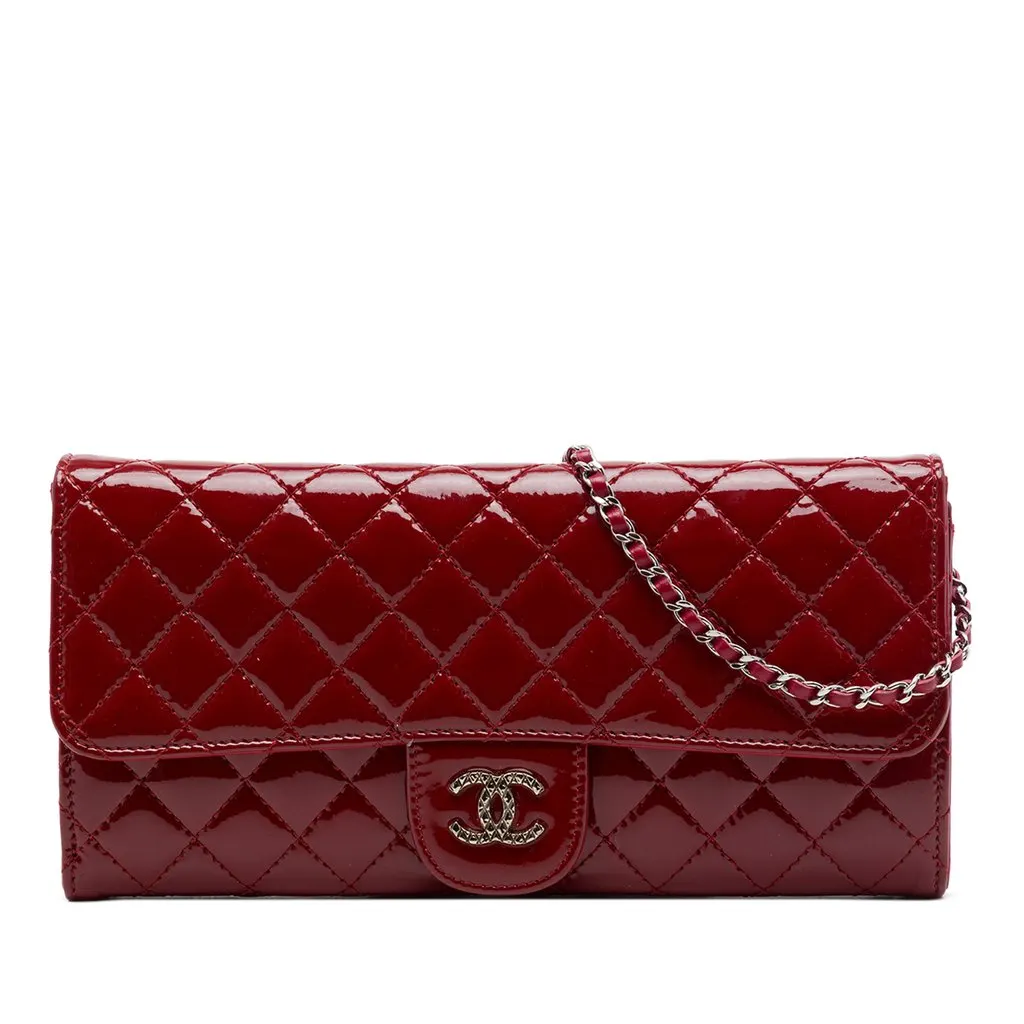 Chanel CC Quilted Patent Brilliant East West Wallet On Chain Red Leather Very good - Front View