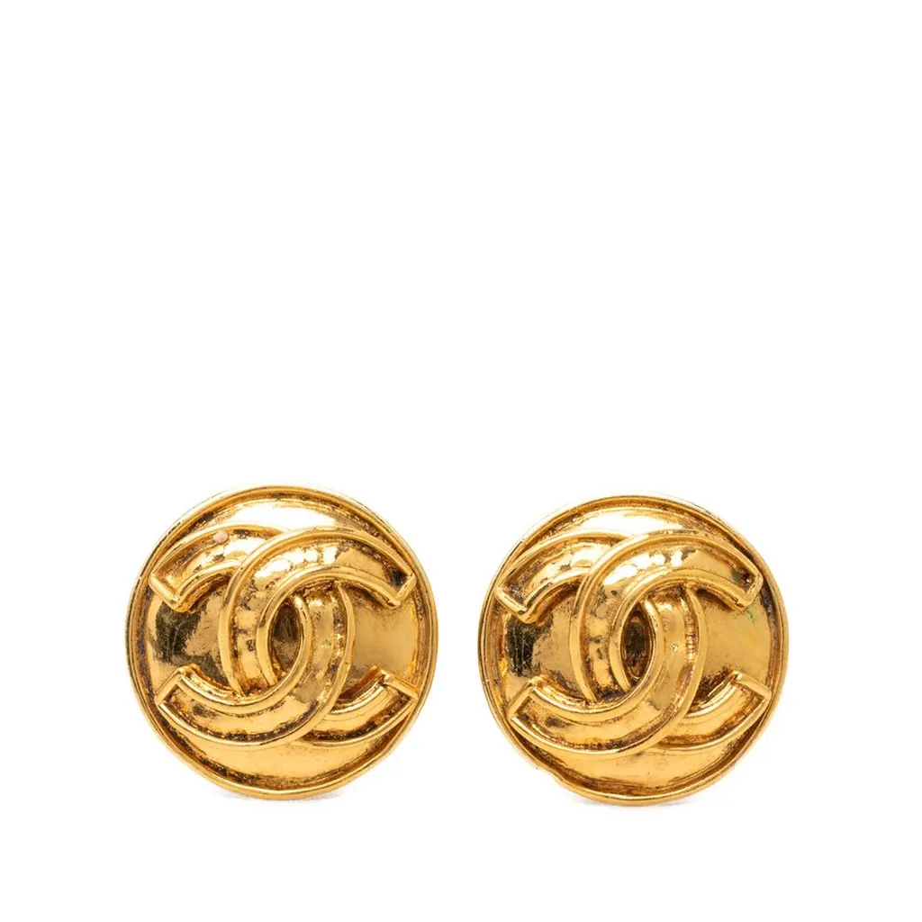 Chanel CC Gold Plated Round Clip On Earrings Gold Metal Very good - Front View