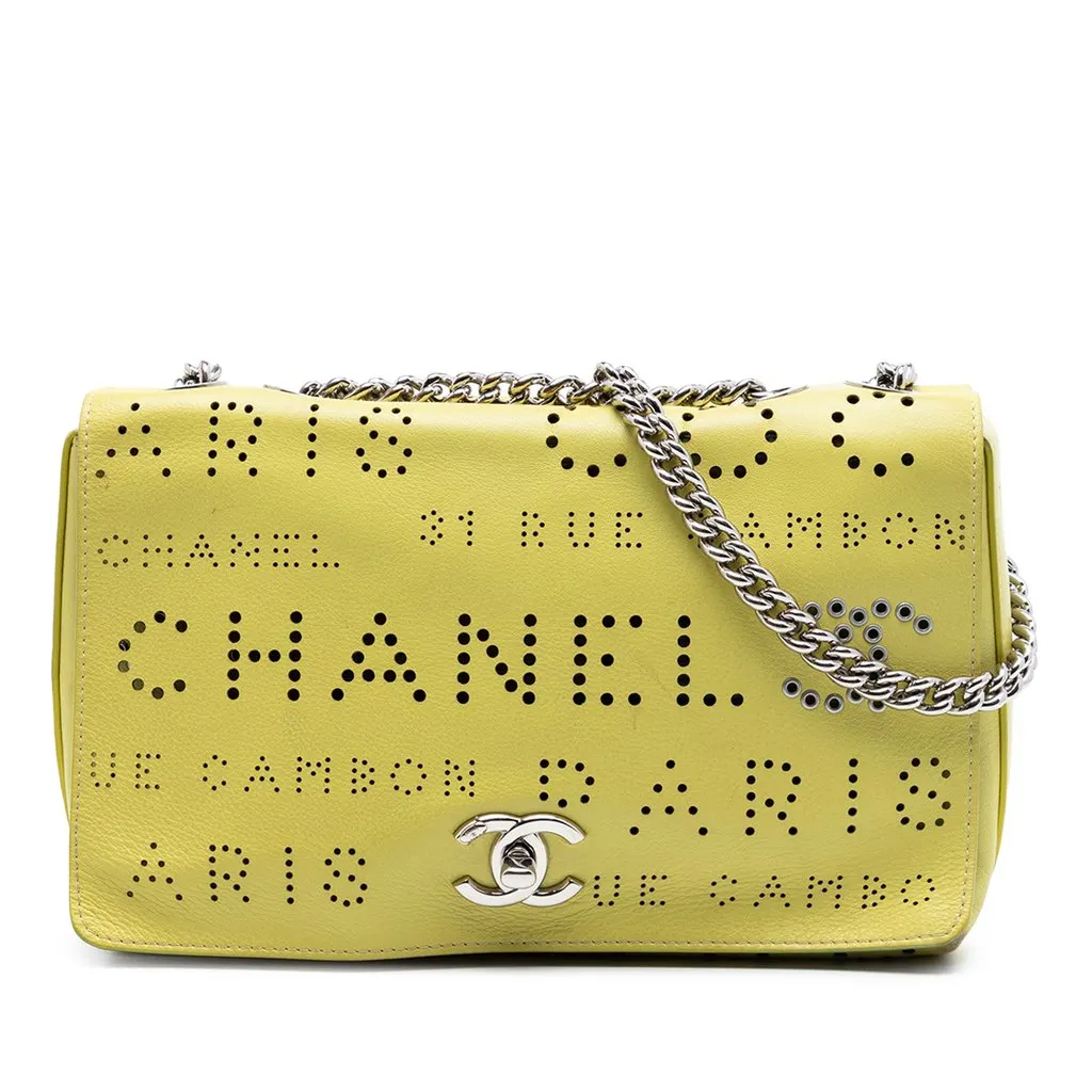 Chanel Perforated Calfskin Logo Eyelet Flap Yellow Leather Very good - Front View