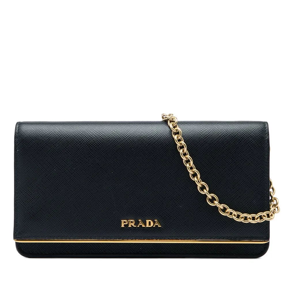 Prada Saffiano Metal Bar Wallet on Chain Black Leather Very good - Front View
