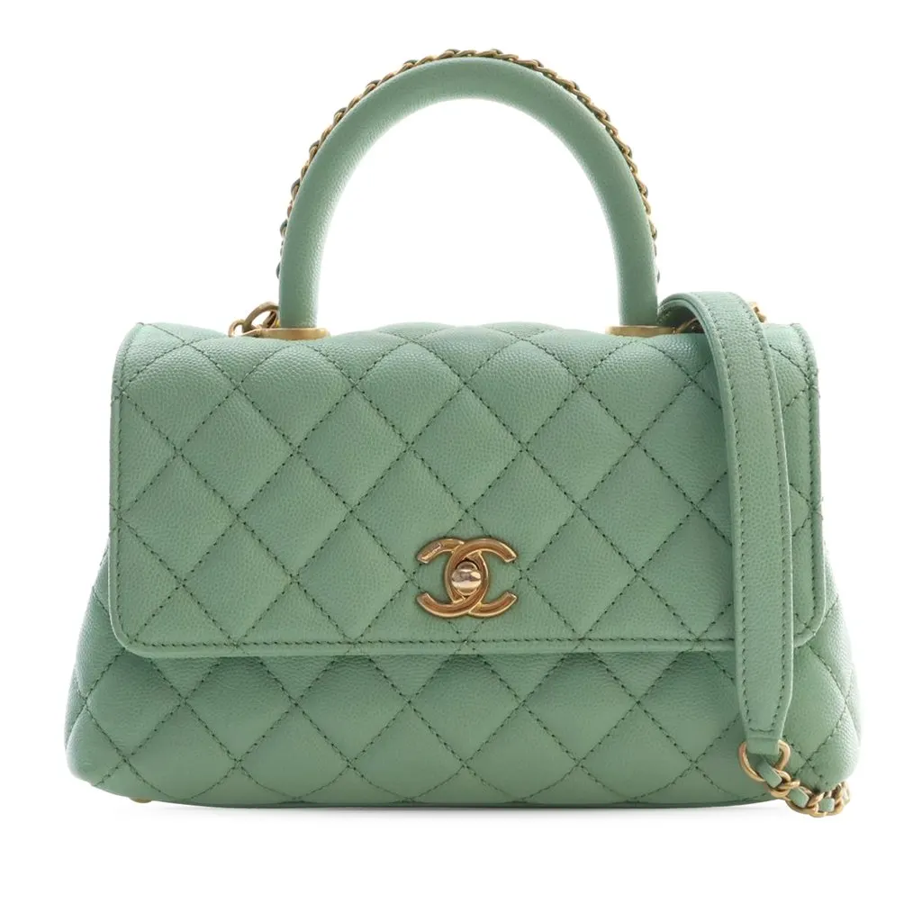 Chanel Mini Quilted Caviar Coco Chain Top Handle Bag Green Leather Very good - Front View