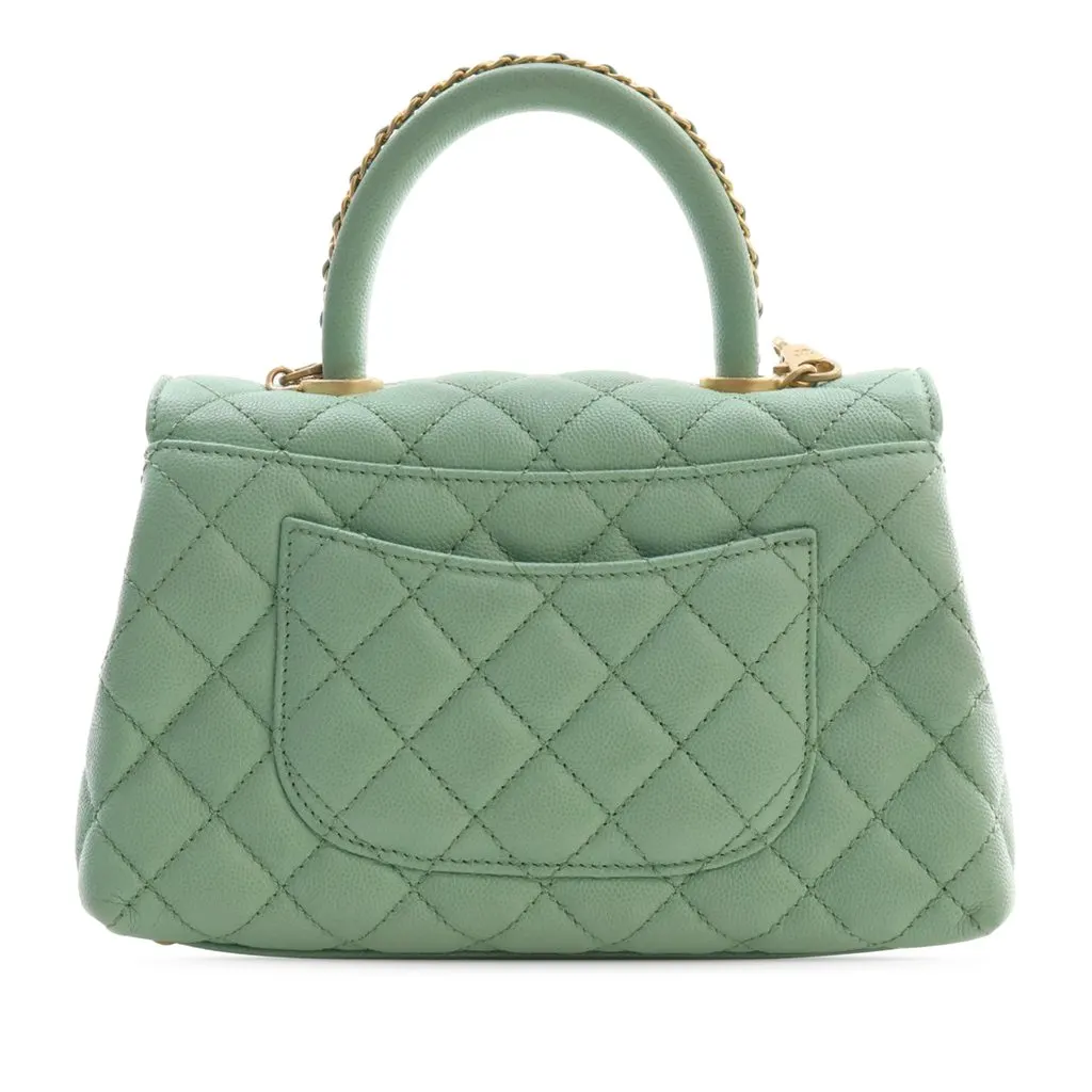 Chanel Mini Quilted Caviar Coco Chain Top Handle Bag Green Leather Very good - Back View