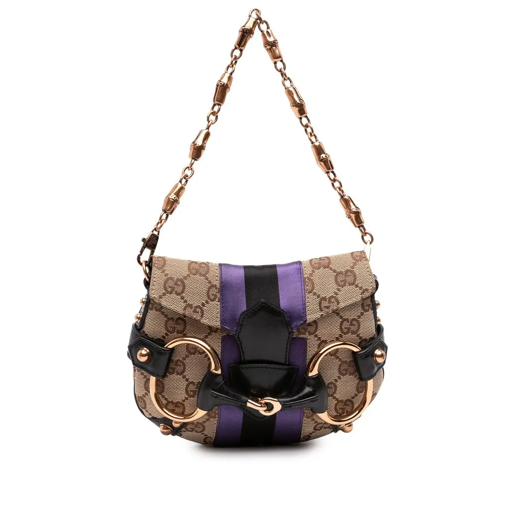 Gucci Mini GG Canvas Horsebit Web Chain Shoulder Bag Beige Canvas Good - Front View