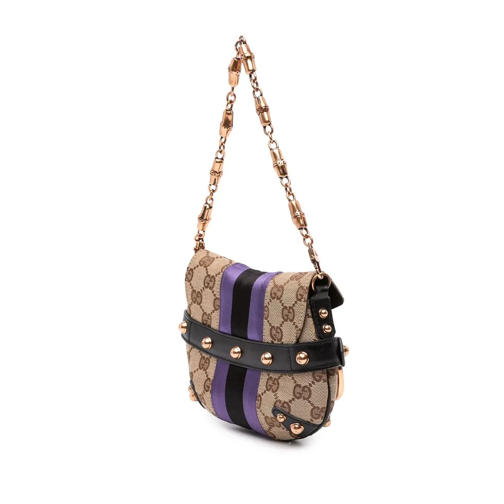 Gucci Mini GG Canvas Horsebit Web Chain Shoulder Bag Beige Canvas Good - Back View