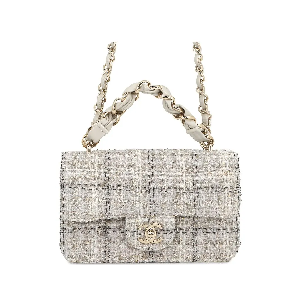 Chanel Mini CC Quilted Tweed Chain Handle Flap MultiColor Tweed Good - Front View