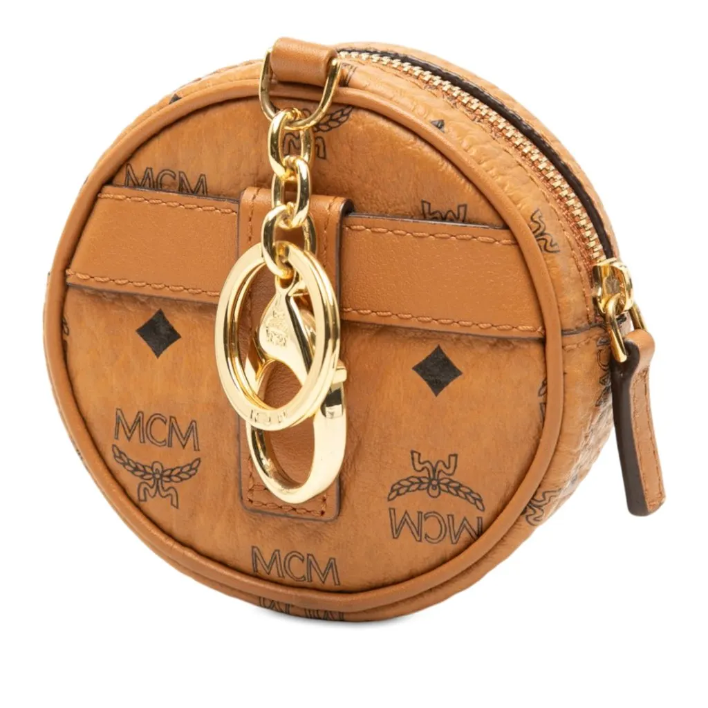 MCM Visetos Coated Canvas Round Coin Pouch with Strap Brown Very good - Back View