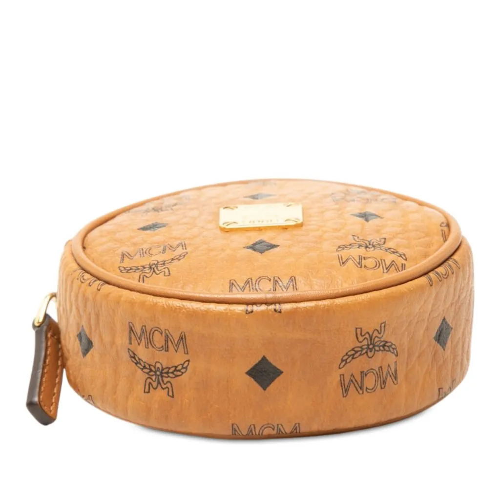 MCM Visetos Coated Canvas Round Coin Pouch with Strap Brown Very good - Inside View