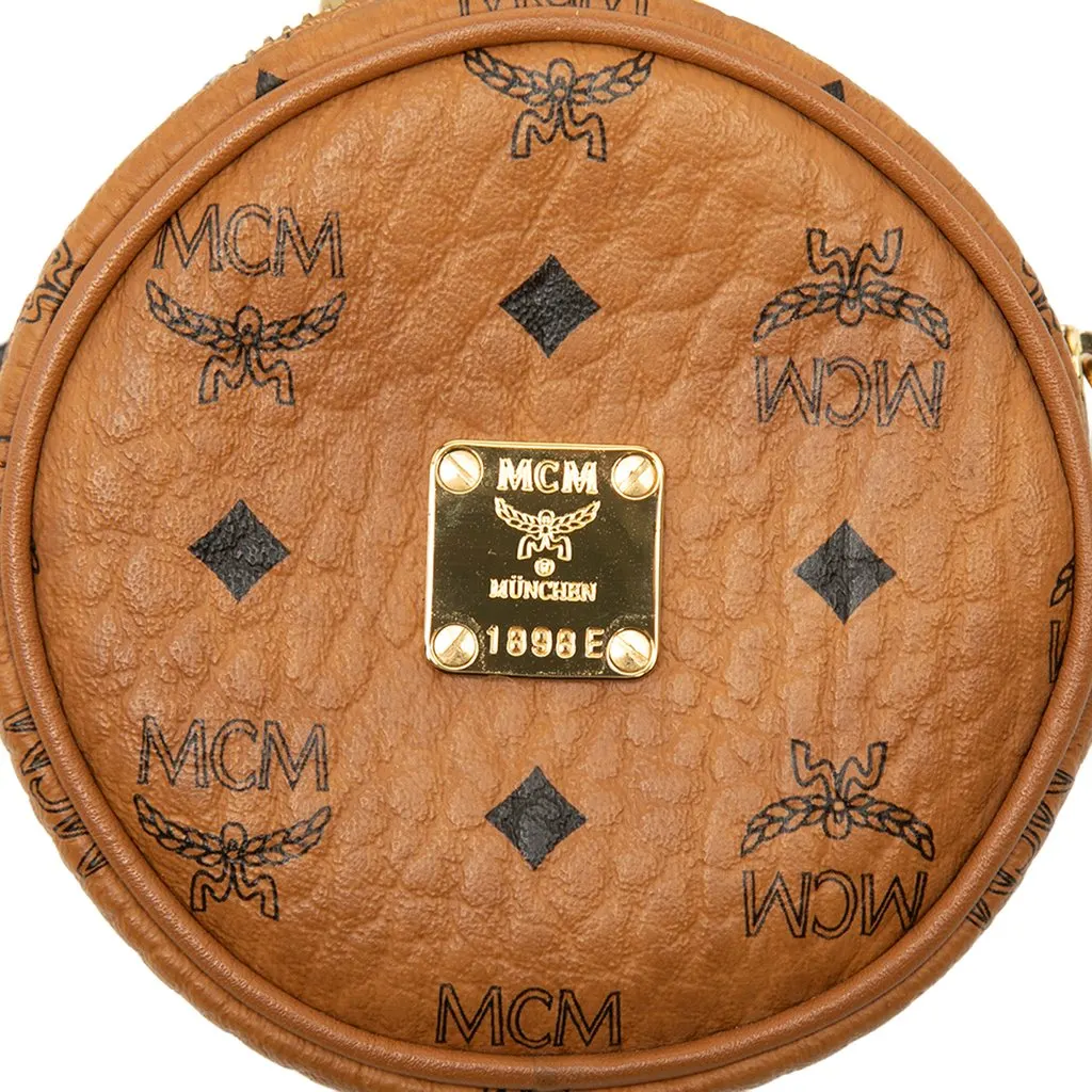 MCM Visetos Coated Canvas Round Coin Pouch with Strap Brown Very good - Box View