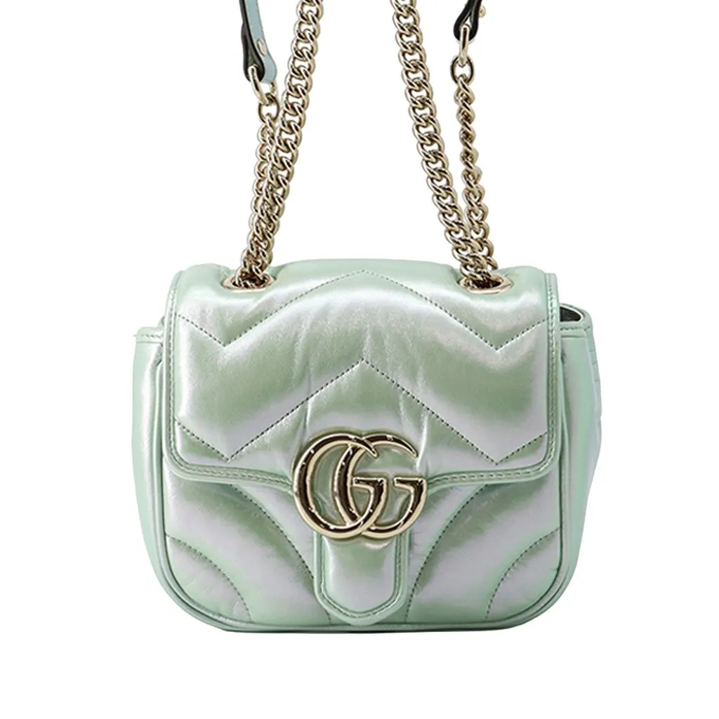 Gucci Mini GG Marmont Matelasse Iridescent Calfskin Flap Crossbody Green Leather Very good - Front View
