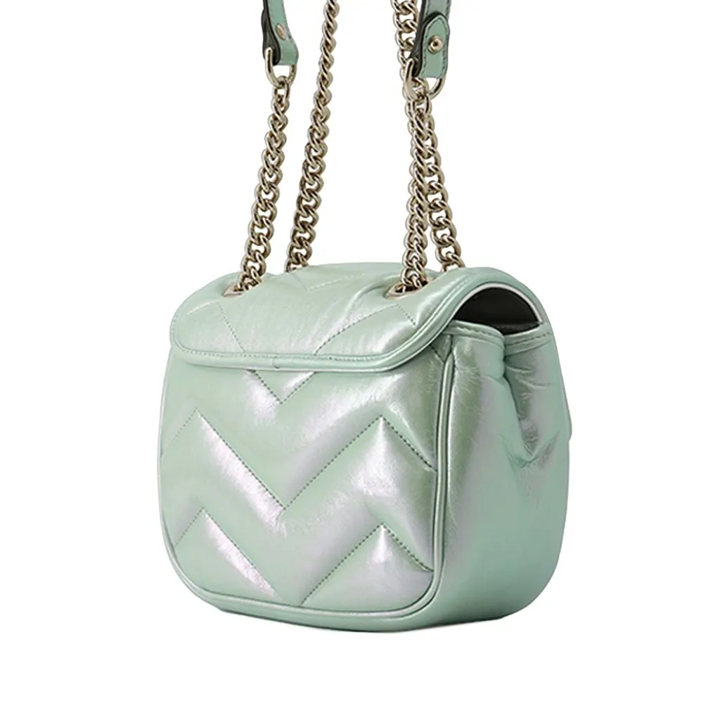 Gucci Mini GG Marmont Matelasse Iridescent Calfskin Flap Crossbody Green Leather Very good - Back View
