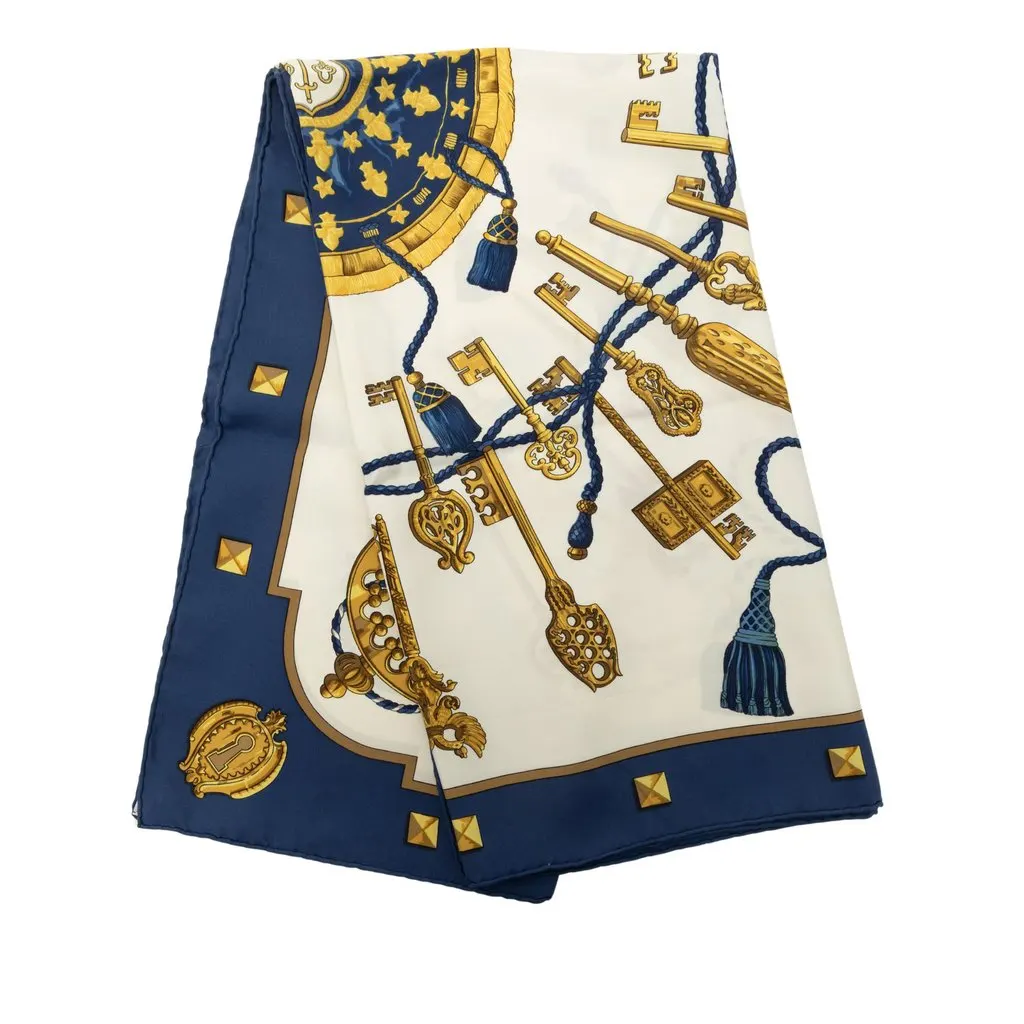 Hermès Les Cles Silk Scarf 90 White Silk Good - Front View