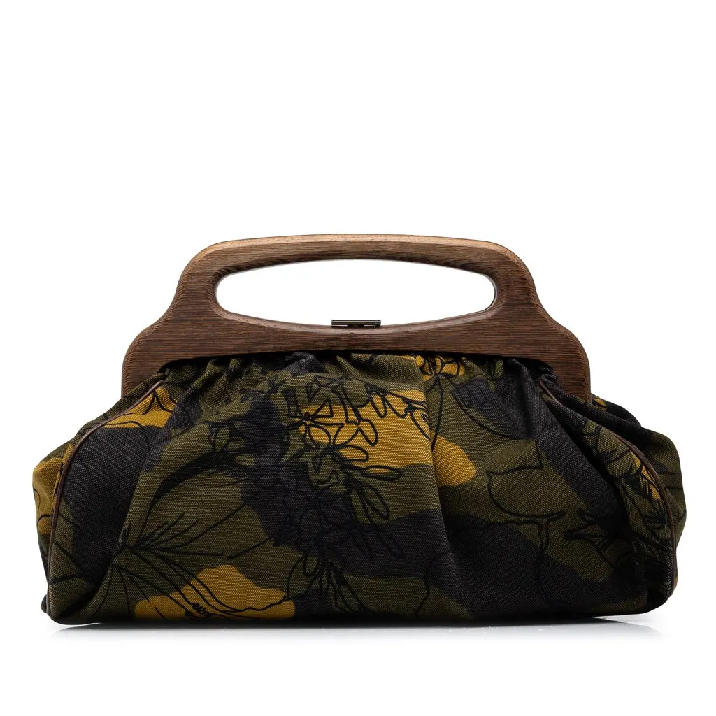 Miu Miu Canvas Camouflage Floral Wood Frame Top Handle Bag Green Canvas Very good - Front View