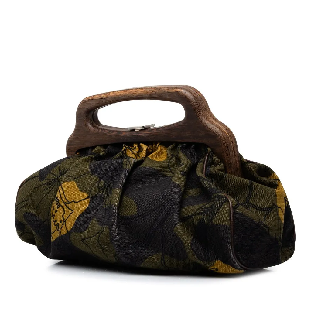 Miu Miu Canvas Camouflage Floral Wood Frame Top Handle Bag Green Canvas Very good - Back View
