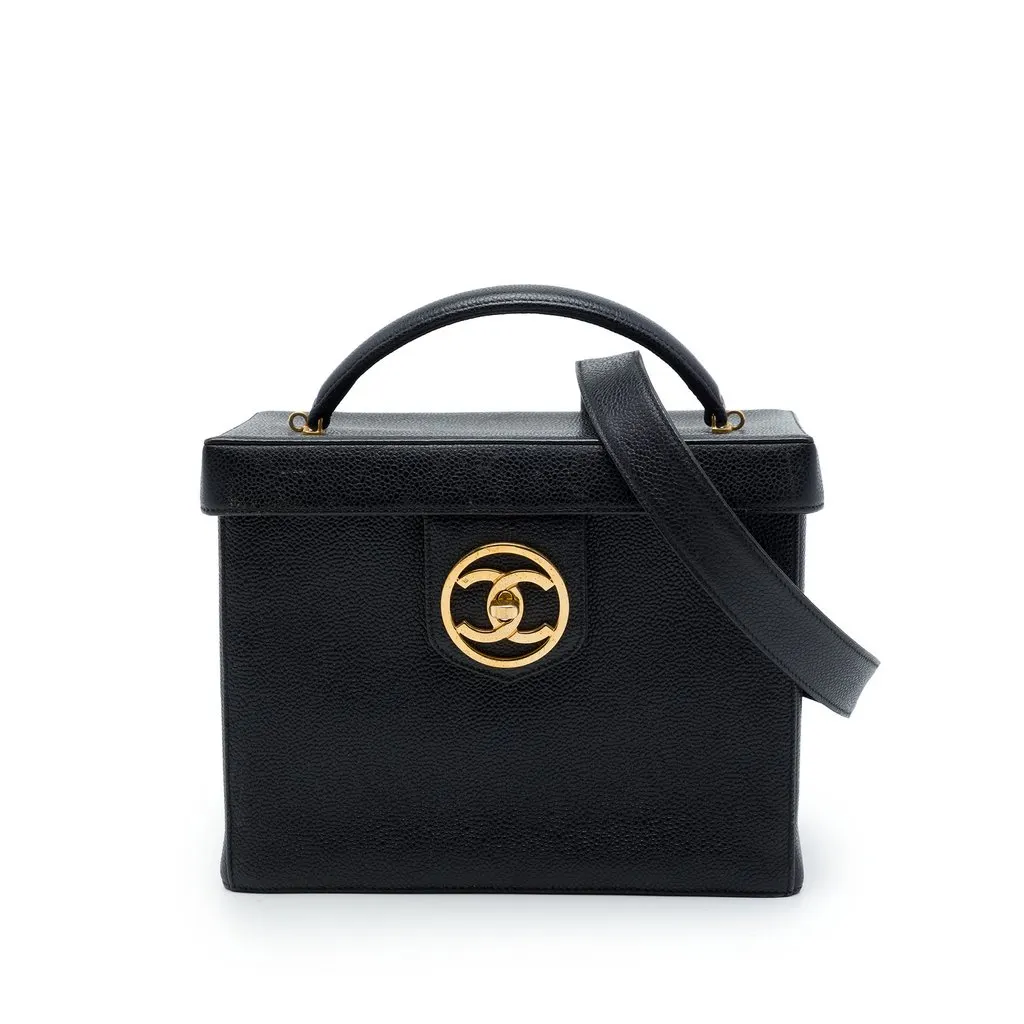 Chanel CC Caviar Vanity Box Case Black Leather Very good - Front View