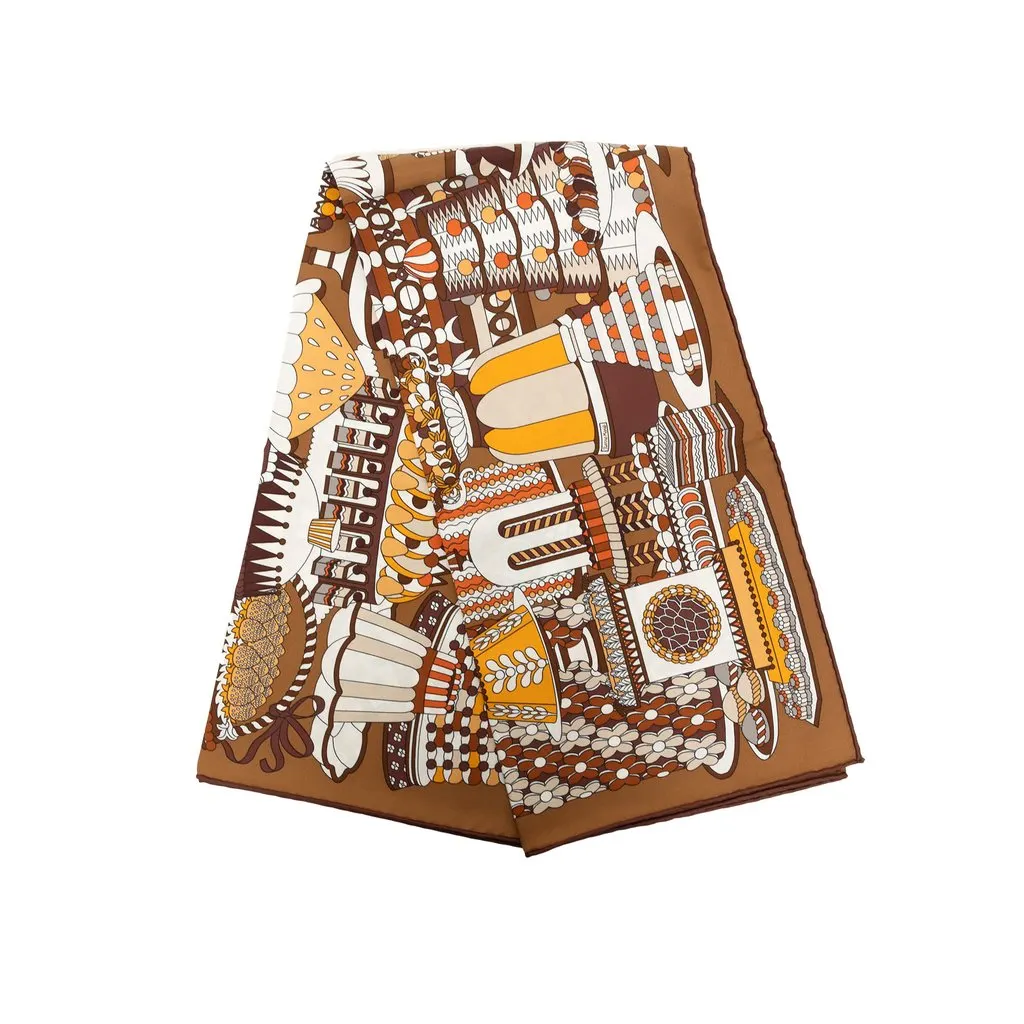 Hermès La Patisserie Francaise Silk Scarf 90 Brown Never worn - Front View
