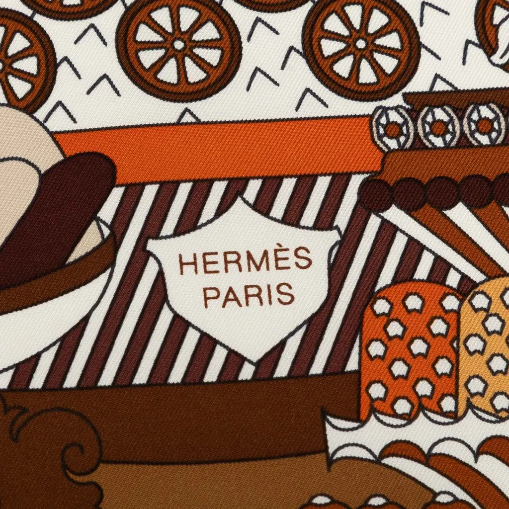 Hermès La Patisserie Francaise Silk Scarf 90 Brown Never worn - Back View